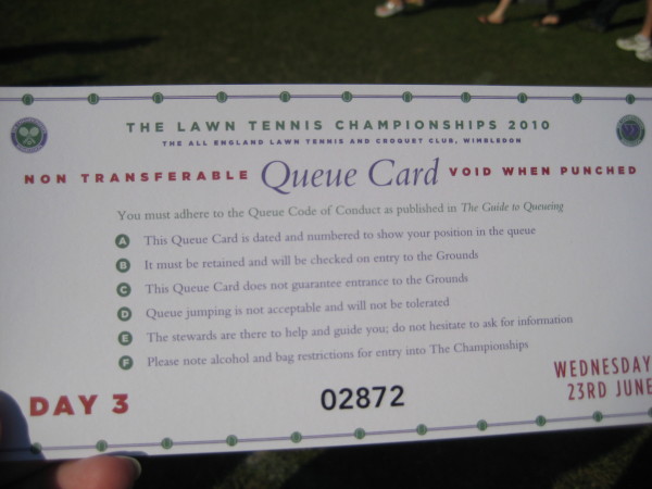 Wimbledon queue card