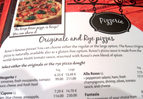 Rosso pizza menu